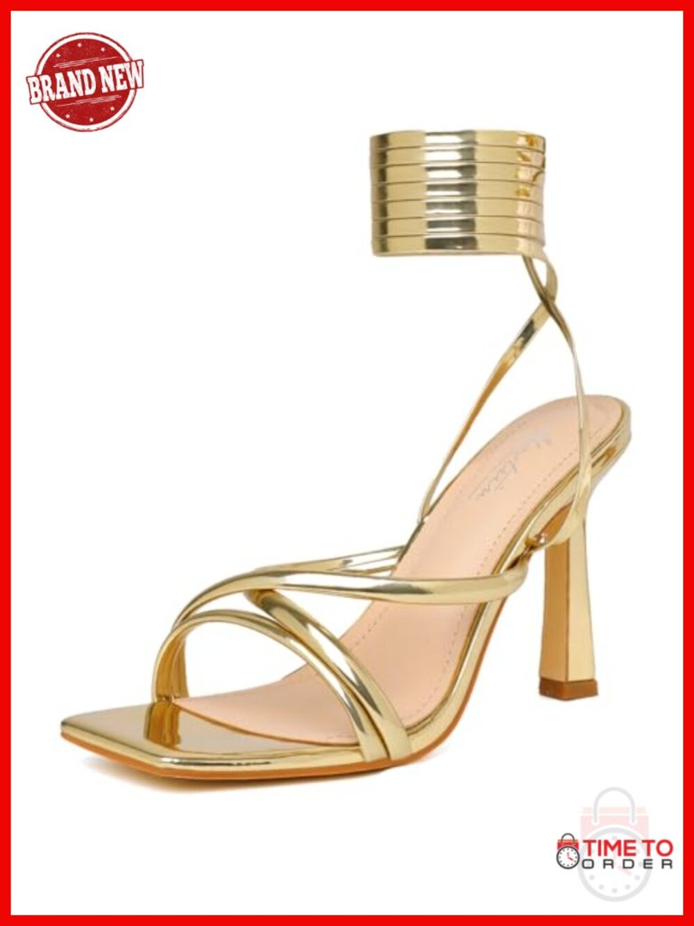 Women's Lace Up Strappy Heeled Sandals Square Open Toe Stiletto Faux Leather